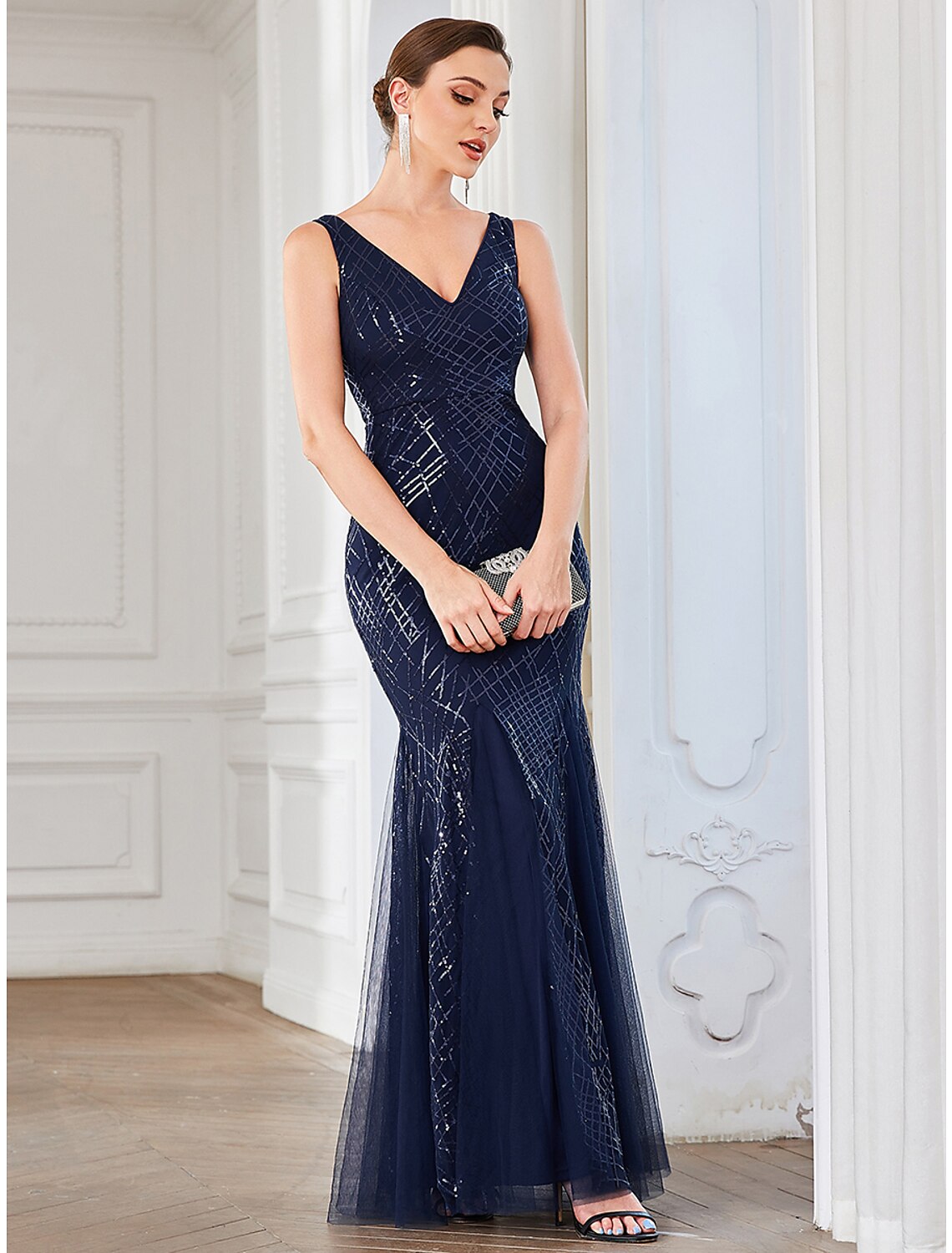 Wholesale  A-Line Party Dresses Sparkle & Shine Dress Wedding Guest Valentine's Day Floor Length Sleeveless V Neck Tulle with Sequin